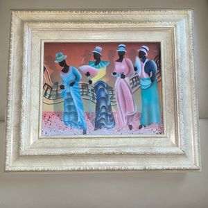 Signed Vintage Frame Black Artwork of 4Church women w/ 🎵’s. Size 8X10